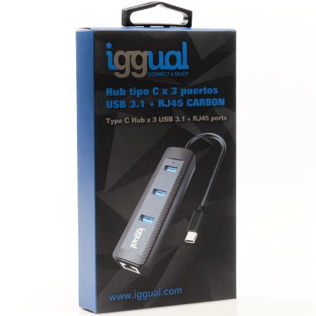 iggual Hub tipo C x 3 puertos USB 3.1+RJ45 CARBON